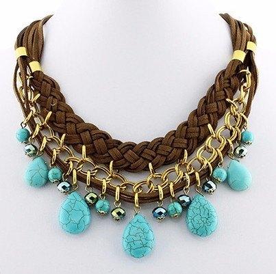 New Womens    Boho Turquoise and Gold Leather Necklace