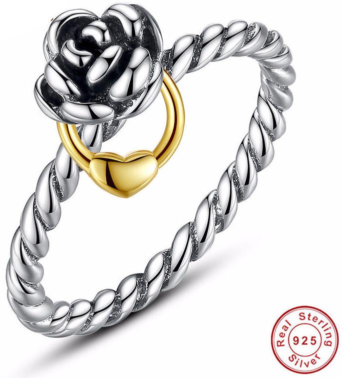 New Womens    Sterling Silver Flower Ring w/ 14K Gold Pla...