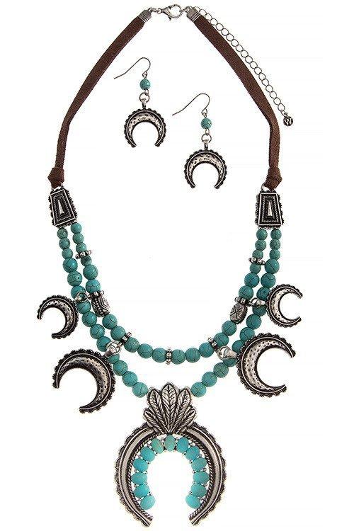 New Womens    Turquoise Bead Squash blossom Necklace Set