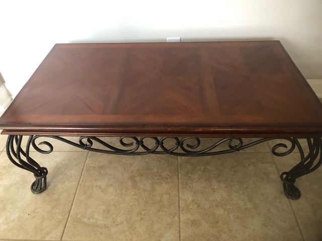 Used     1 Used Wood Coffee Table With Wrought Iron Legs